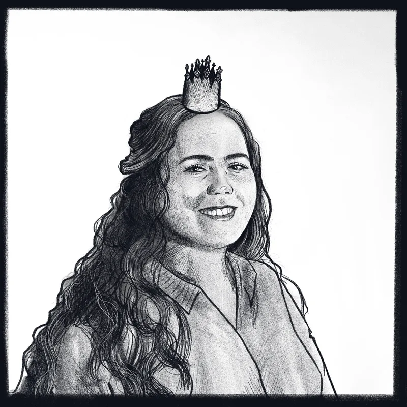 Illustrated charcoal-style portrait of Guro, smiling, wearing a small crown