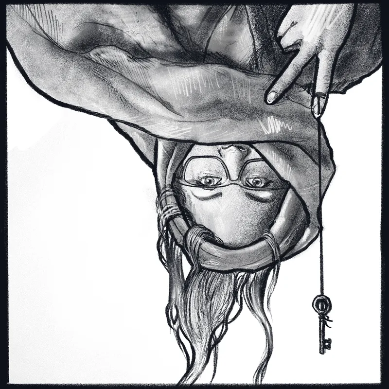 Illustrated charcoal-style portrait of Sarah, shown upside down and hooded, with a key hanging on a cord