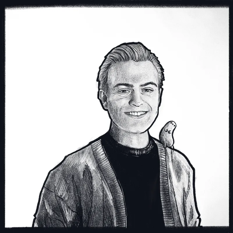 Illustrated charcoal-style portrait of André, smiling, with a small bird perched on his shoulder